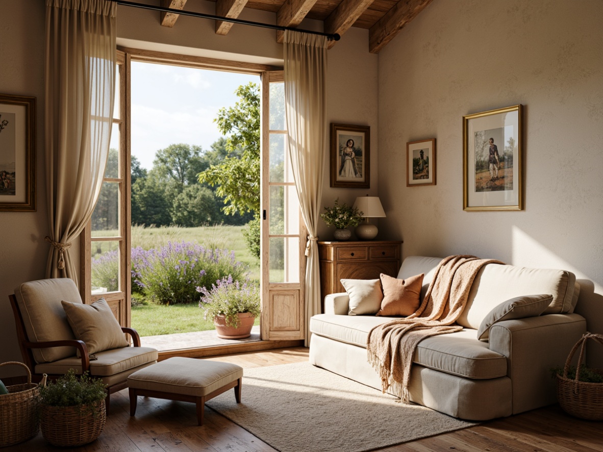 Prompt: Rustic French country cottage, vintage distressed furniture, soft romantic lighting, natural linen fabrics, gentle floral patterns, subtle stripes, warm beige tones, earthy terracotta hues, luxurious velvet textures, ornate golden accents, classic Toile de Jouy prints, elegant tassel trimmings, plush throw blankets, woven wicker baskets, sun-drenched fields, blooming lavender, soft focus, warm color palette, 1/2 composition, intimate atmosphere.