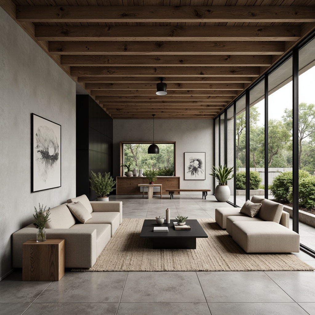 Prompt: Monochromatic color scheme, natural materials, minimalist decor, clean lines, simple shapes, industrial chic concrete floors, reclaimed wood accents, sleek metal frames, matte black furniture, soft beige textiles, subtle patterns, ambient warm lighting, shallow depth of field, 1/1 composition, realistic textures, atmospheric occlusion.