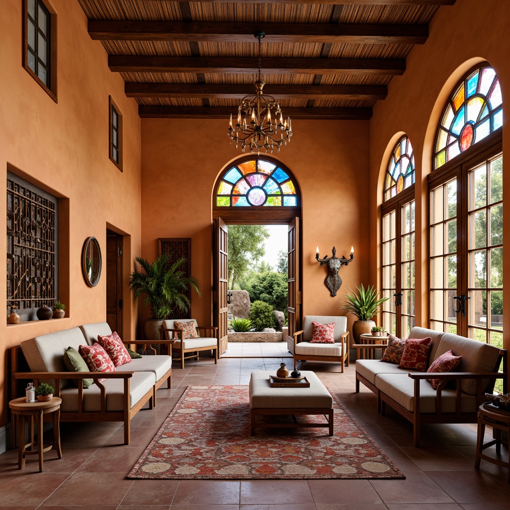 Prompt: Vibrant villa interior, southwestern style decor, stained glass windows, colorful geometric patterns, warm earthy tones, rustic wooden furniture, plush textiles, natural stone flooring, arched doorways, ornate metalwork, dramatic chandeliers, soft diffused lighting, 1/1 composition, shallow depth of field, realistic reflections, ambient occlusion.