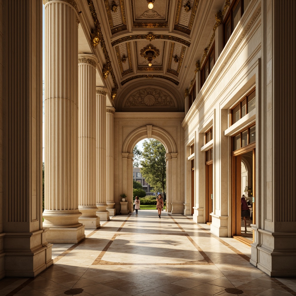 Prompt: Neoclassical architecture, grandiose columns, ornate carvings, intricate moldings, marble floors, stately proportions, symmetrical facades, warm beige tones, soft creamy whites, rich walnut woods, gilded accents, subtle golden hues, dramatic chiaroscuro, high-contrast lighting, cinematic composition, 2/3 rule of thirds, atmospheric perspective, realistic textures, ambient occlusion.