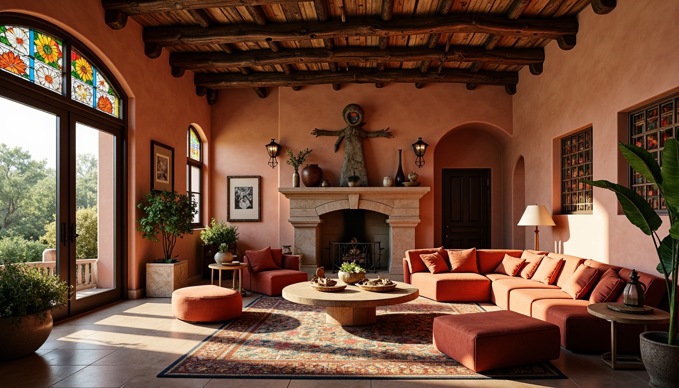 Prompt: Vibrant villa interior, southwestern style, stained glass windows, colorful geometric patterns, warm earthy tones, rustic wooden beams, natural stone floors, plush velvet furniture, ornate metalwork, intricate tile mosaics, cozy fireplaces, soft warm lighting, shallow depth of field, 3/4 composition, realistic textures, ambient occlusion.