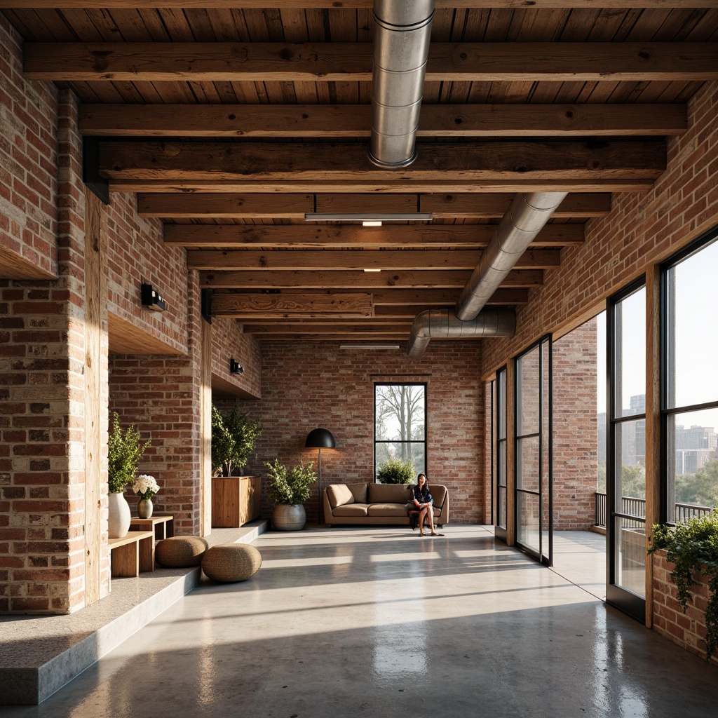 Prompt: Rustic wooden beams, distressed brick walls, exposed ductwork, industrial metal pipes, reclaimed wood accents, earthy color palette, natural stone flooring, concrete foundation, minimalist decor, functional lighting fixtures, urban loft atmosphere, soft warm glow, shallow depth of field, 1/1 composition, realistic textures.