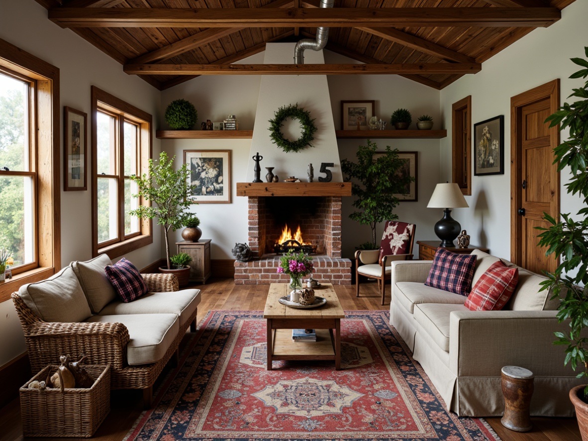 Prompt: Rustic farmhouse, vintage furniture, distressed wood accents, natural stone walls, brick floors, eclectic decor, mixed patterns, plaids, stripes, florals, bold colors, soft textures, woven baskets, antique artifacts, greenery, potted plants, wooden beams, exposed ductwork, industrial lighting, metal decorative signs, warm cozy atmosphere, shallow depth of field, 1/1 composition, realistic textures, ambient occlusion.