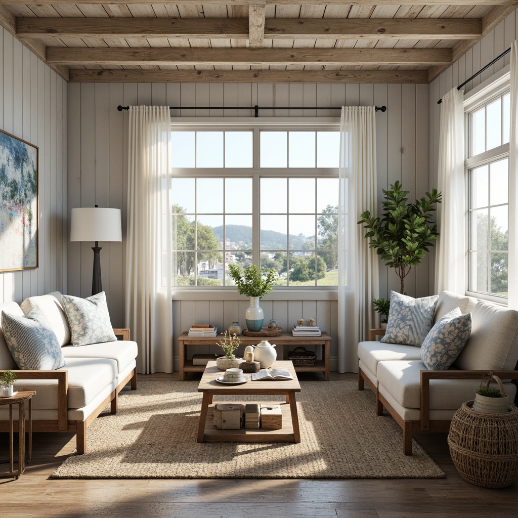 Prompt: Coastal cottage, weathered wood accents, distressed finishes, soft linen whites, calming blues, natural textures, woven fibers, jute rugs, reclaimed driftwood furniture, coral-inspired patterns, sea glass decorative accents, ocean-breeze color palette, sheer curtains, rustic metal fixtures, vintage nautical elements, warm candle lighting, shallow depth of field, 1/1 composition, realistic wood grain textures, ambient occlusion.