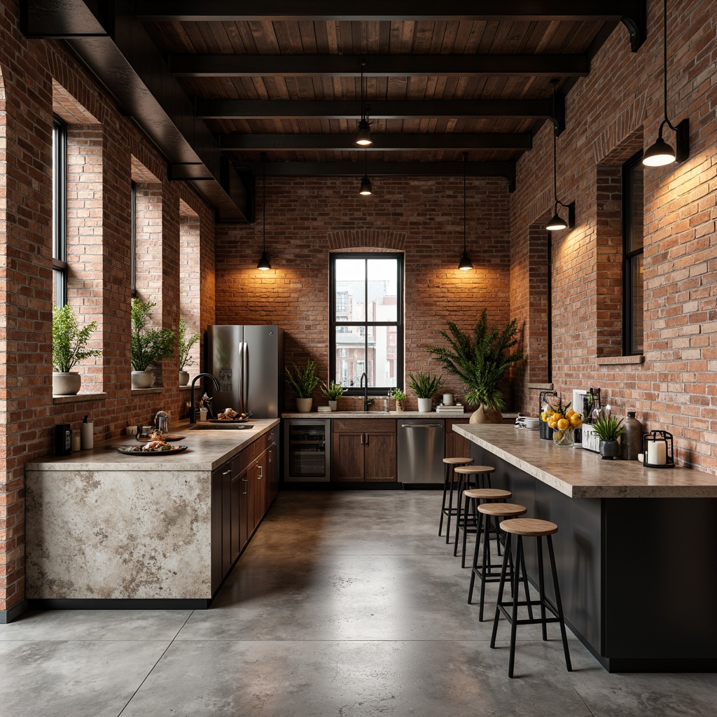 Prompt: Exposed brick walls, reclaimed wood accents, polished concrete floors, industrial metal beams, minimalist decor, urban loft atmosphere, natural stone countertops, earthy color palette, matte black fixtures, warm ambient lighting, shallow depth of field, 1/1 composition, cinematic view, realistic textures, ambient occlusion.