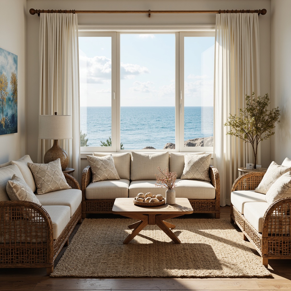 Prompt: Coastal-themed living room, comfortable wicker furniture, plush cushions, soft beige upholstery, natural wood accents, woven sea grass rugs, ocean-inspired artwork, coral-patterned throw pillows, driftwood coffee tables, nautical ropes, linen drapes, billowy white curtains, warm sunny day, gentle sea breeze, shallow depth of field, 1/1 composition, realistic textures, ambient occlusion.