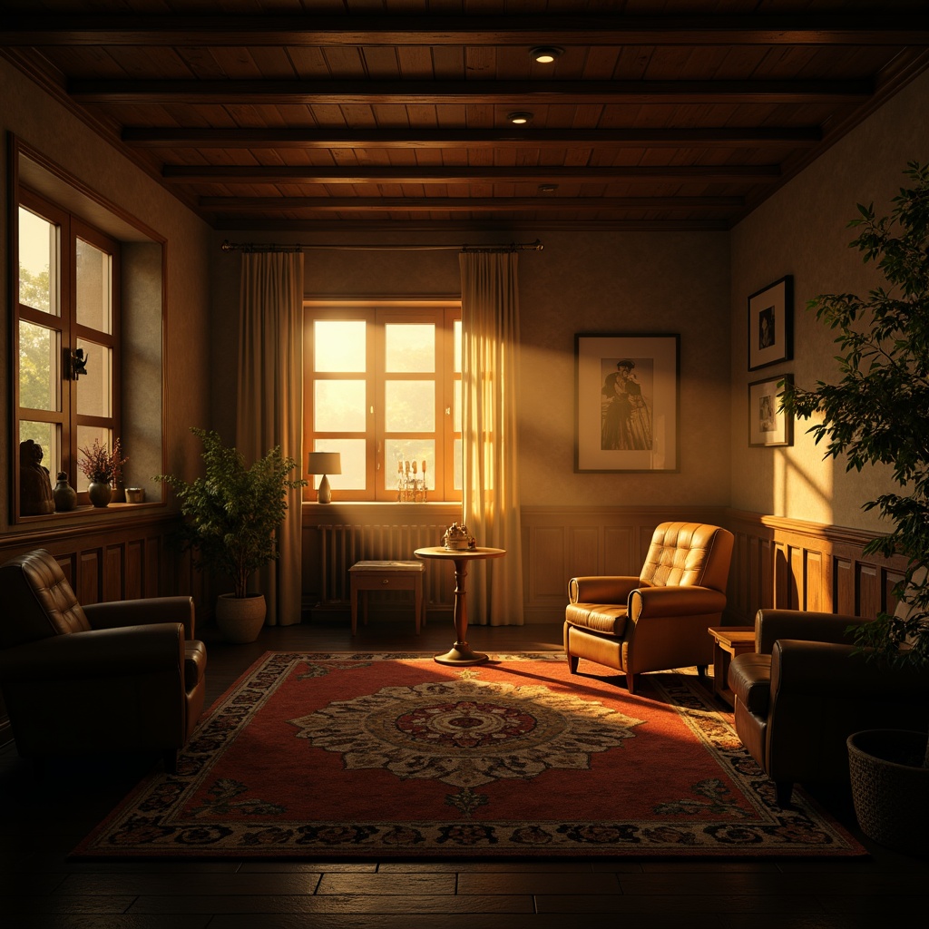 Prompt: Moody interior scenes, dramatic shadows, warm golden lighting, high contrast ratios, chiaroscuro effects, mysterious ambiance, ornate furnishings, luxurious fabrics, rich wood tones, abstract sculptures, distorted perspectives, vibrant color palettes, bold brushstrokes, expressive textures, intense emotions, cinematic moods, low-key illumination, silhouetted figures, atmospheric haze, warm glow, film noir inspiration.