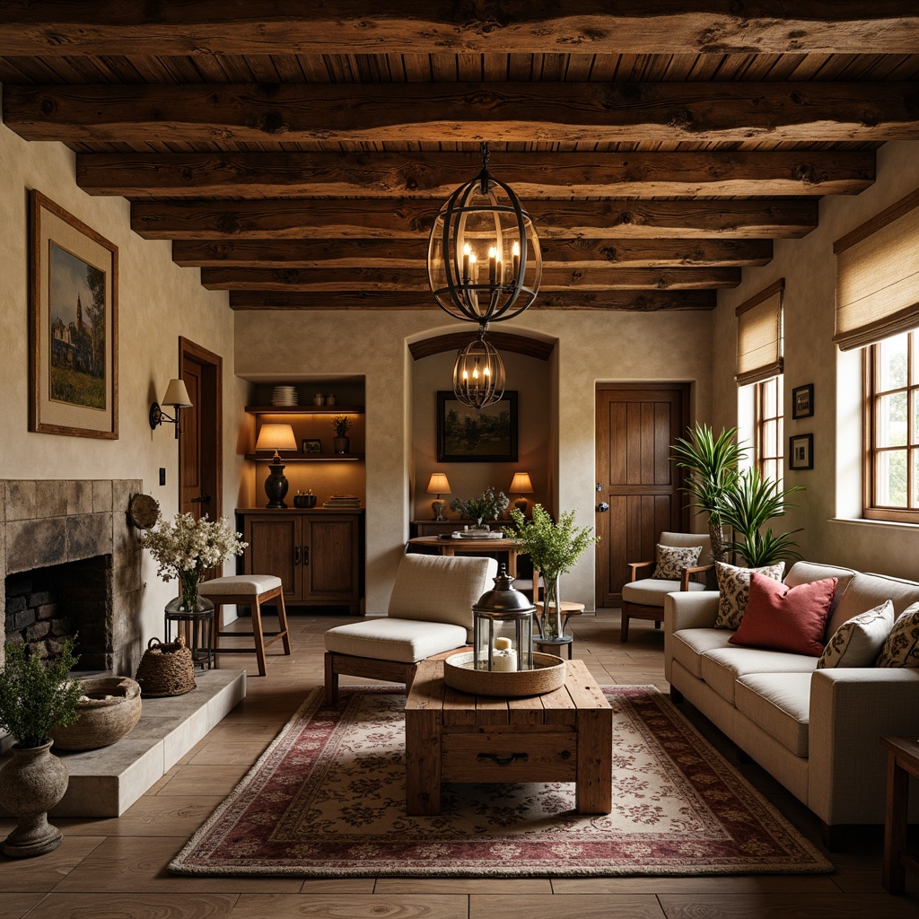 Prompt: Rustic wooden beams, distressed finishes, soft warm lighting, vintage metal lanterns, ornate chandeliers, candles, mercury glass pendants, natural linen shades, wrought iron sconces, earthy tones, floral patterns, traditional French countryside, cozy ambiance, warm color palette, layered lighting, textured fabrics, distressed wood accents, provincial charm.