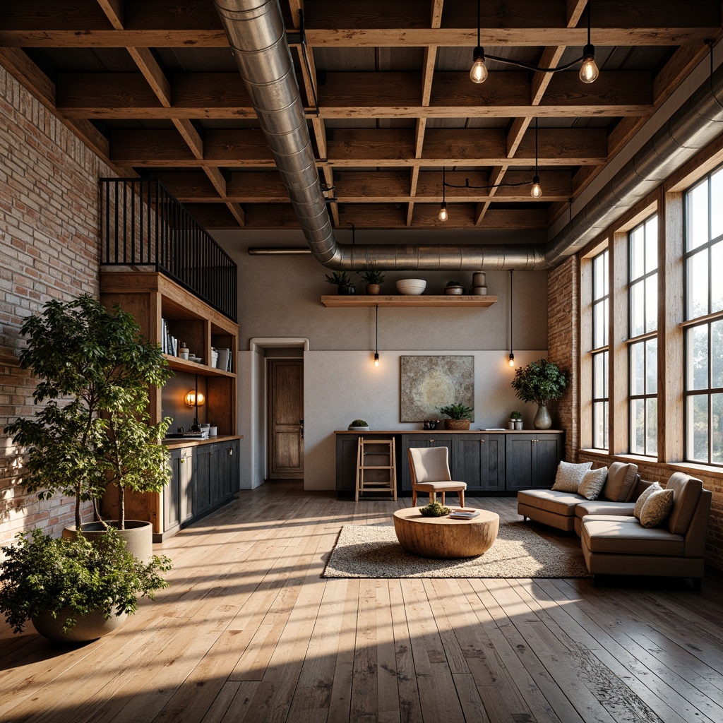 Prompt: Exposed industrial beams, urban loft ambiance, distressed wooden accents, metal framework, reclaimed wood flooring, Edison bulb lighting, exposed brick walls, industrial-style windows, steel railings, minimalist decor, functional pipes, concrete ceiling, warm earthy tones, cozy atmosphere, natural textiles, vintage decorative items, soft box lighting, shallow depth of field, 1/1 composition, realistic textures, ambient occlusion.