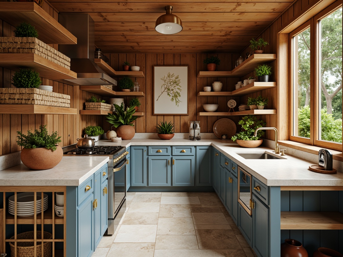 Prompt: Vibrant pantry interior, warm wood tones, rich blue-gray cabinets, creamy white countertops, soft gold hardware, rustic wooden shelves, woven baskets, natural stone flooring, earthy terracotta pots, lush greenery, industrial-style metal lighting, 1/1 composition, shallow depth of field, realistic textures, ambient occlusion.