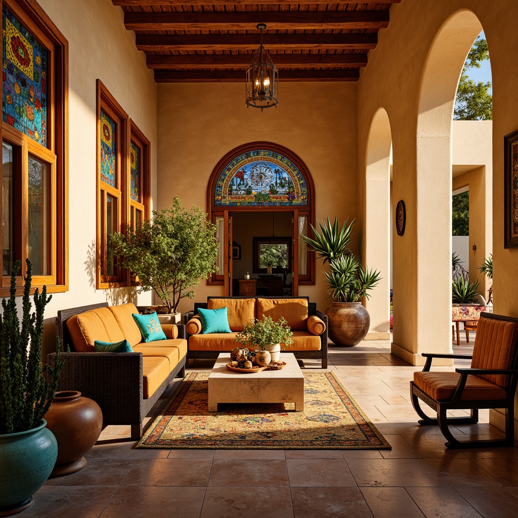 Prompt: Vibrant villa interior, southwestern style decor, stained glass windows, colorful mosaic patterns, warm golden lighting, rustic wooden furniture, earthy tone ceramics, plush area rugs, natural stone flooring, arched doorways, ornate ironwork details, turquoise accents, desert botanicals, cacti arrangements, sun-drenched ambiance, soft warm glow, shallow depth of field, 1/1 composition, realistic textures, ambient occlusion.