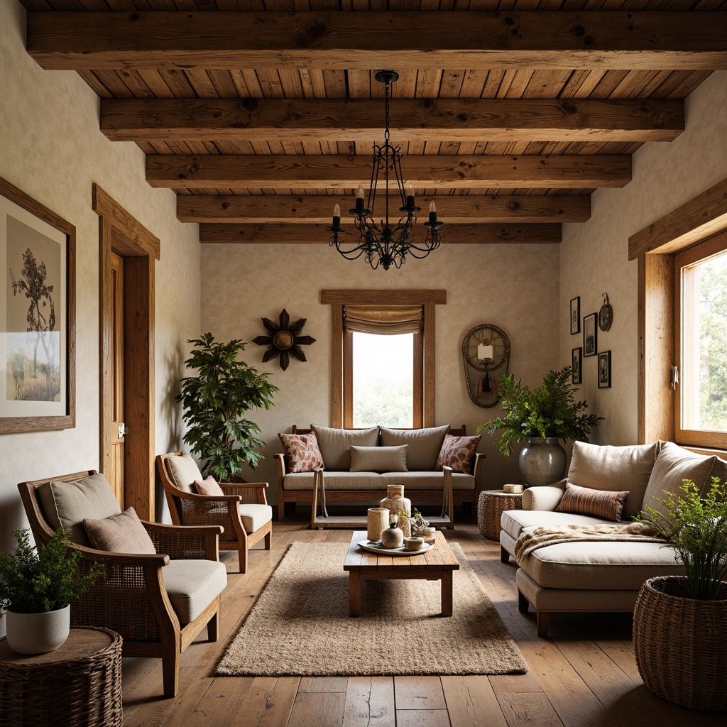 Prompt: Rustic farmhouse interior, distressed wood accents, vintage decor, eclectic mix of patterns, natural fabrics, earthy tones, warm beige walls, weathered wooden beams, antique furniture pieces, woven baskets, galvanized metal decorations, soft candlelight, warm golden lighting, cozy atmosphere, natural textures, organic shapes, free-spirited composition, whimsical accessories, playful color blocking, 2/3 composition, shallow depth of field, realistic rendering.