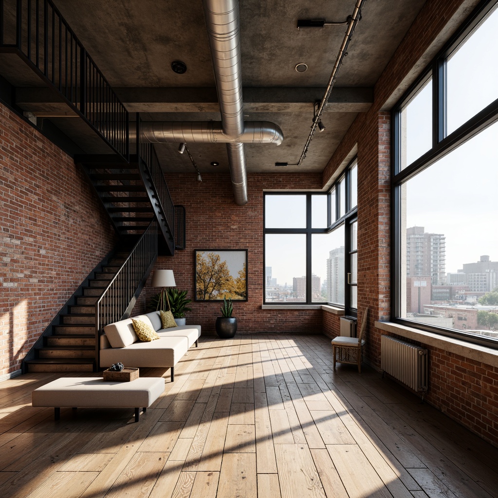 Prompt: Exposed industrial beams, rustic metal accents, reclaimed wood flooring, distressed brick walls, urban loft atmosphere, modern industrial lighting, metal staircase, minimalist decor, functional pipe fittings, concrete ceilings, oversized windows, cityscape views, warm industrial color palette, soft natural lighting, shallow depth of field, 1/1 composition, realistic textures, ambient occlusion.