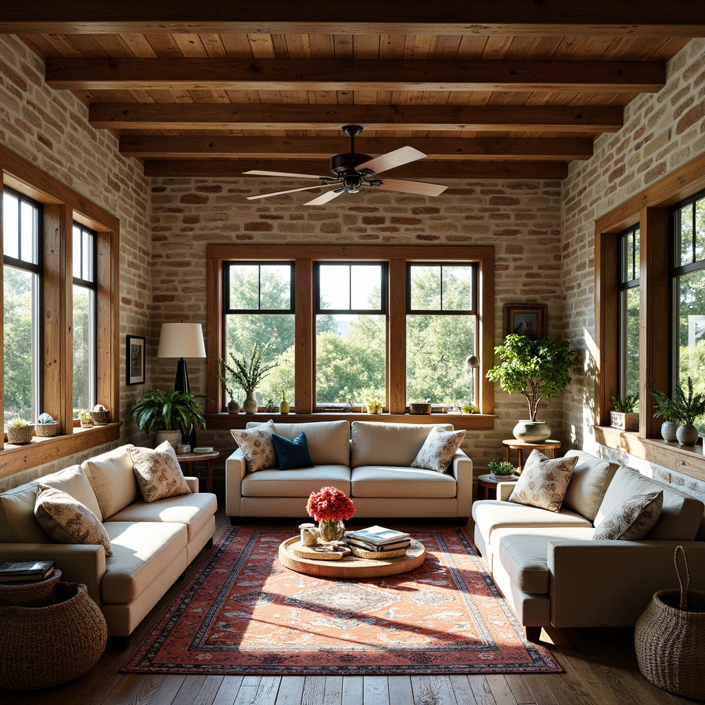 Prompt: Rustic farmhouse, vintage decorative accents, distressed wood furniture, plush area rugs, eclectic mix of patterns, vibrant colorful textiles, floral motifs, stripes, polka dots, natural fabrics, linen upholstery, burlap details, woven baskets, earthy tones, warm soft lighting, cozy reading nooks, rustic metal decor, antique accessories, natural stone walls, wooden beams, exposed brick, lush greenery, sunny day, shallow depth of field, 3/4 composition, panoramic view, realistic textures, ambient occlusion.