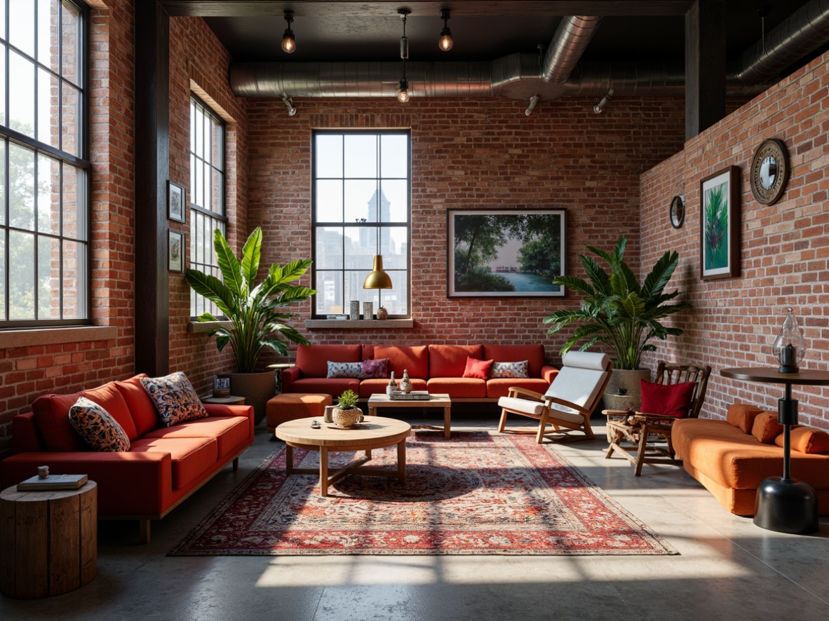 Prompt: Industrial chic loft, exposed brick walls, concrete floors, metal beams, reclaimed wood accents, vibrant pops of color, bold artwork, eclectic furniture pieces, rich textiles, geometric patterns, abstract sculptures, modern industrial lighting fixtures, warm ambient glow, shallow depth of field, 1/1 composition, realistic materials, atmospheric rendering.