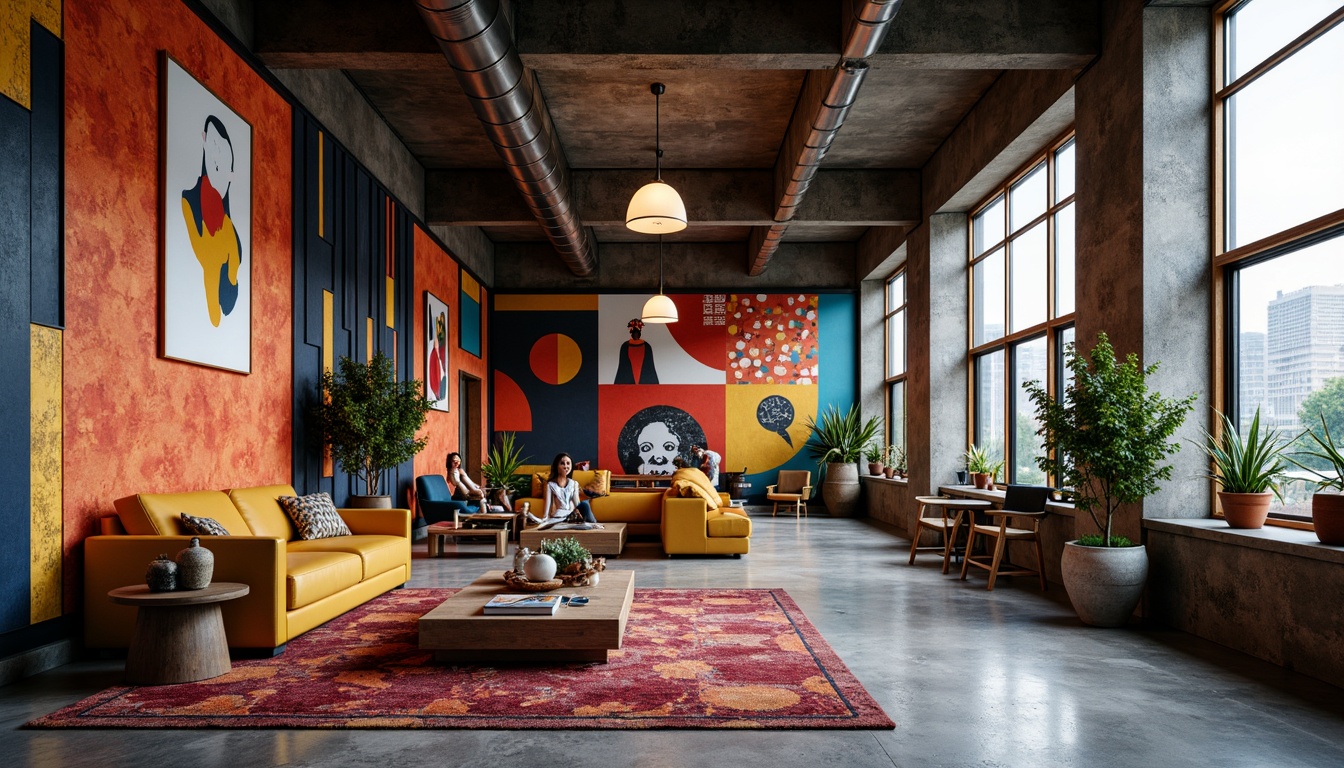 Prompt: Richly textured walls, bold geometric patterns, vibrant contrasting colors, eclectic furniture pieces, ornate decorative accessories, playful lighting fixtures, statement art pieces, asymmetrical compositions, industrial materials, exposed ductwork, polished concrete floors, reclaimed wood accents, oversized windows, dramatic drapery, abstract sculptures, moody atmospheric lighting, high-contrast shading, 1/1 composition, cinematic perspective.