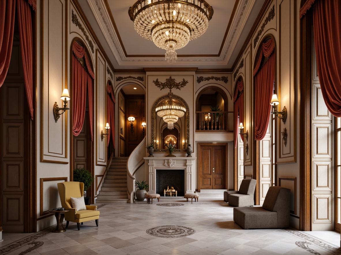 Prompt: Elegant interior, ornate moldings, refined neoclassical details, intricately carved wooden panels, gilded ornaments, symmetrical composition, luxurious fabrics, velvet drapes, crystal chandeliers, marble floors, grand staircases, sweeping archways, subtle lighting effects, soft warm ambiance, realistic textures, ambient occlusion.