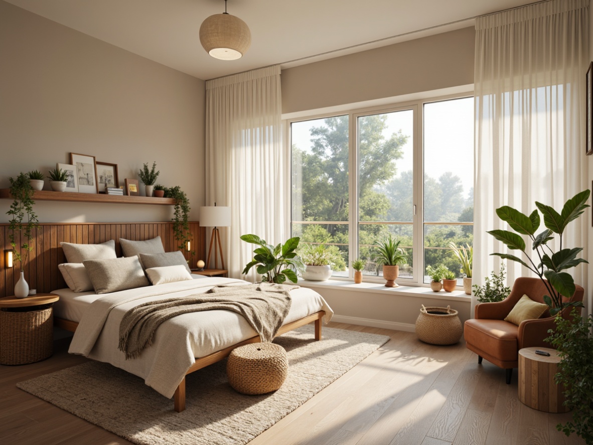 Prompt: Cozy dorm room, soft warm lighting, calming color palette, creamy whites, soothing grays, earthy browns, rich wood tones, plush carpets, comfortable bedding, minimalist furniture, natural textiles, woven baskets, potted plants, floor-to-ceiling windows, gentle morning sunlight, 1/1 composition, shallow depth of field, realistic textures.