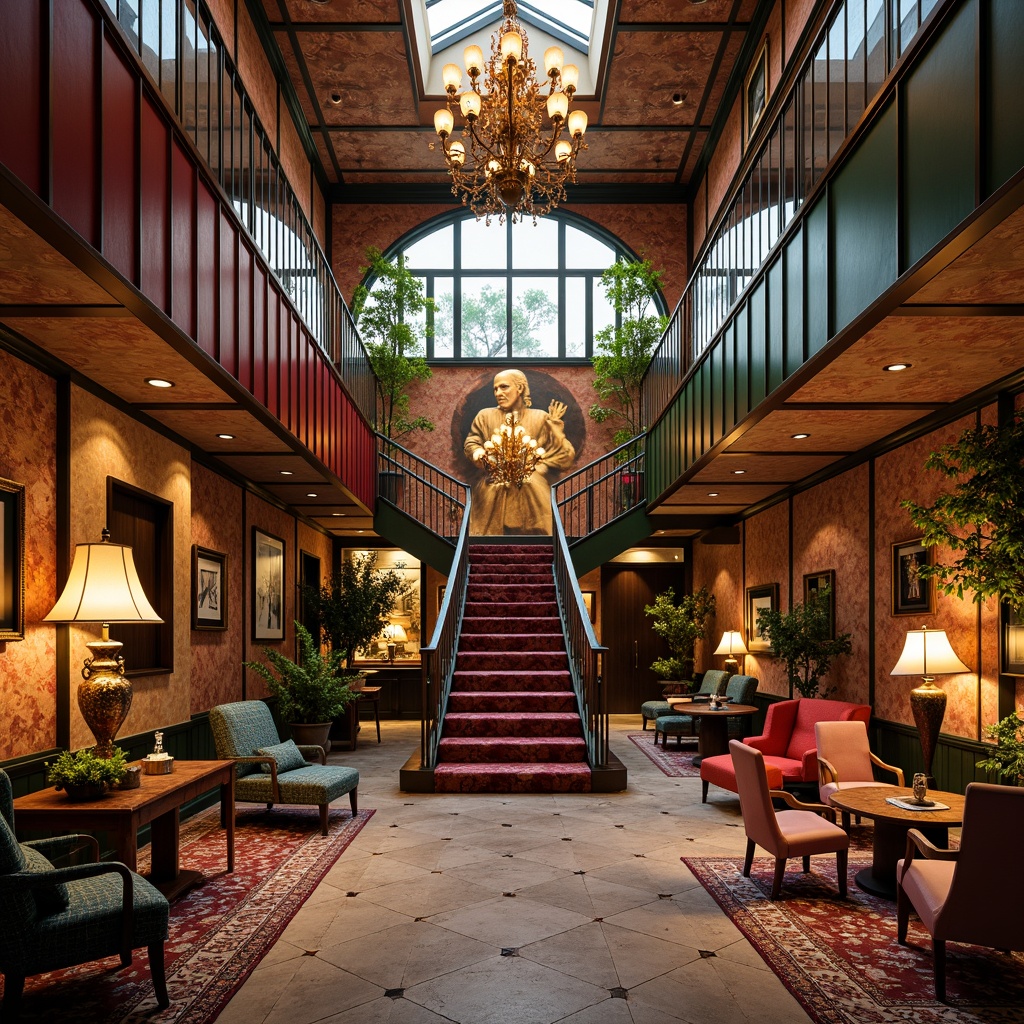 Prompt: Whimsical boutique hotel, eclectic architectural style, ornate facades, grand entranceways, sweeping staircases, opulent chandeliers, lavish furnishings, vibrant color schemes, intricate murals, statement artwork, luxurious textiles, metallic accents, dramatic lighting fixtures, romantic ambiance, soft warm glow, 1/1 composition, shallow depth of field, atmospheric perspective.