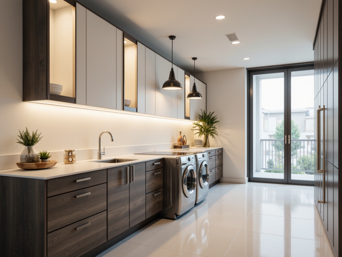 Prompt: Modern laundry room, sleek cabinets, stainless steel appliances, white quartz countertops, LED strip lighting, under-cabinet illumination, pendant light fixtures, frosted glass doors, chrome hardware, minimalist decor, bright airy atmosphere, natural daylight, soft warm glow, 1/1 composition, shallow depth of field, realistic textures.