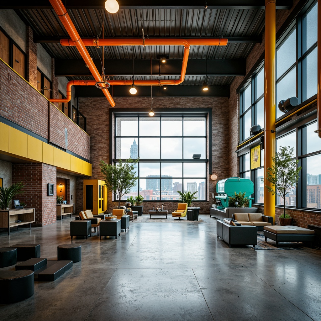 Prompt: Vibrant industrial warehouse, exposed brick walls, metal beams, polished concrete floors, bright yellow accents, bold orange piping, turquoise machinery, neon green signs, geometric patterns, modern LED lighting, airy open spaces, minimal decor, functional furniture, urban cityscape views, cloudy day, soft diffused light, shallow depth of field, 1/2 composition, realistic textures.