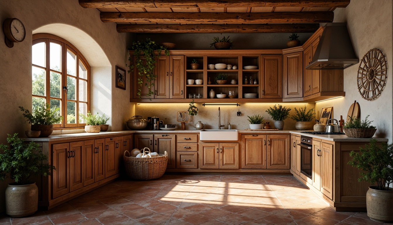 Prompt: Warm Mediterranean pantry, rustic wooden cabinets, distressed finishes, ornate metal hardware, earthy terracotta flooring, vintage ceramic tiles, natural stone countertops, woven wicker baskets, fragrant herbs, potted olive trees, soft warm lighting, shallow depth of field, 1/1 composition, realistic textures, ambient occlusion.