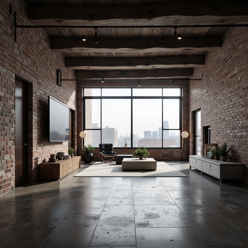 Prompt: Exposed brick walls, polished concrete floors, industrial metal beams, reclaimed wood accents, minimalist lighting fixtures, urban cityscape views, modern brutalist architecture, open-plan living space, high ceilings, raw concrete textures, monochromatic color scheme, dramatic natural light, low-angle photography, 1/2 composition, atmospheric misty ambiance.