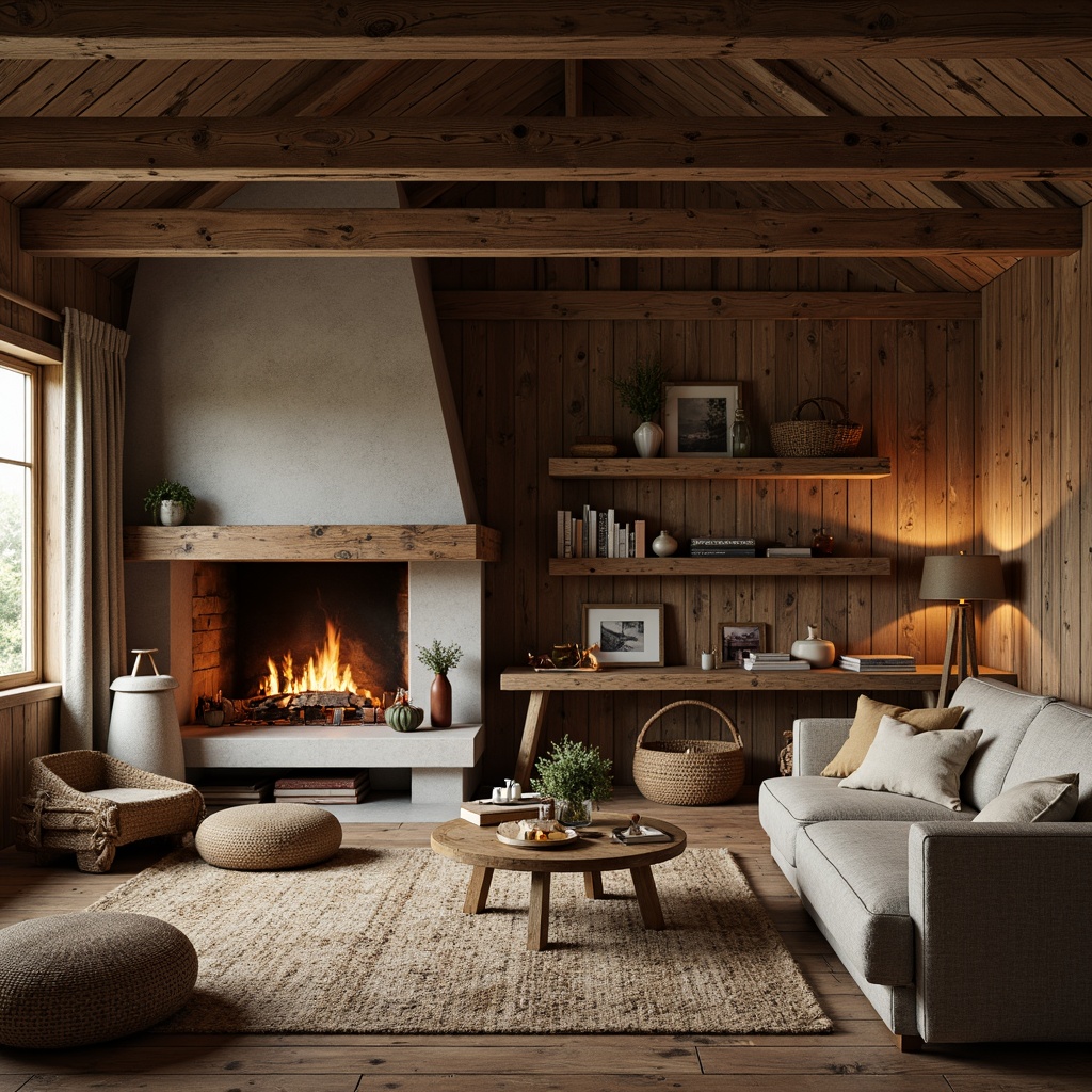 Prompt: Rustic cabin, wooden accents, earthy tones, natural fabrics, woven baskets, jute rugs, linen upholstery, burlap drapes, vintage distressed finishes, reclaimed wood furniture, stone fireplaces, cozy throw blankets, warm candlelight, soft ambient glow, 1/1 composition, shallow depth of field, realistic textures, ambient occlusion.