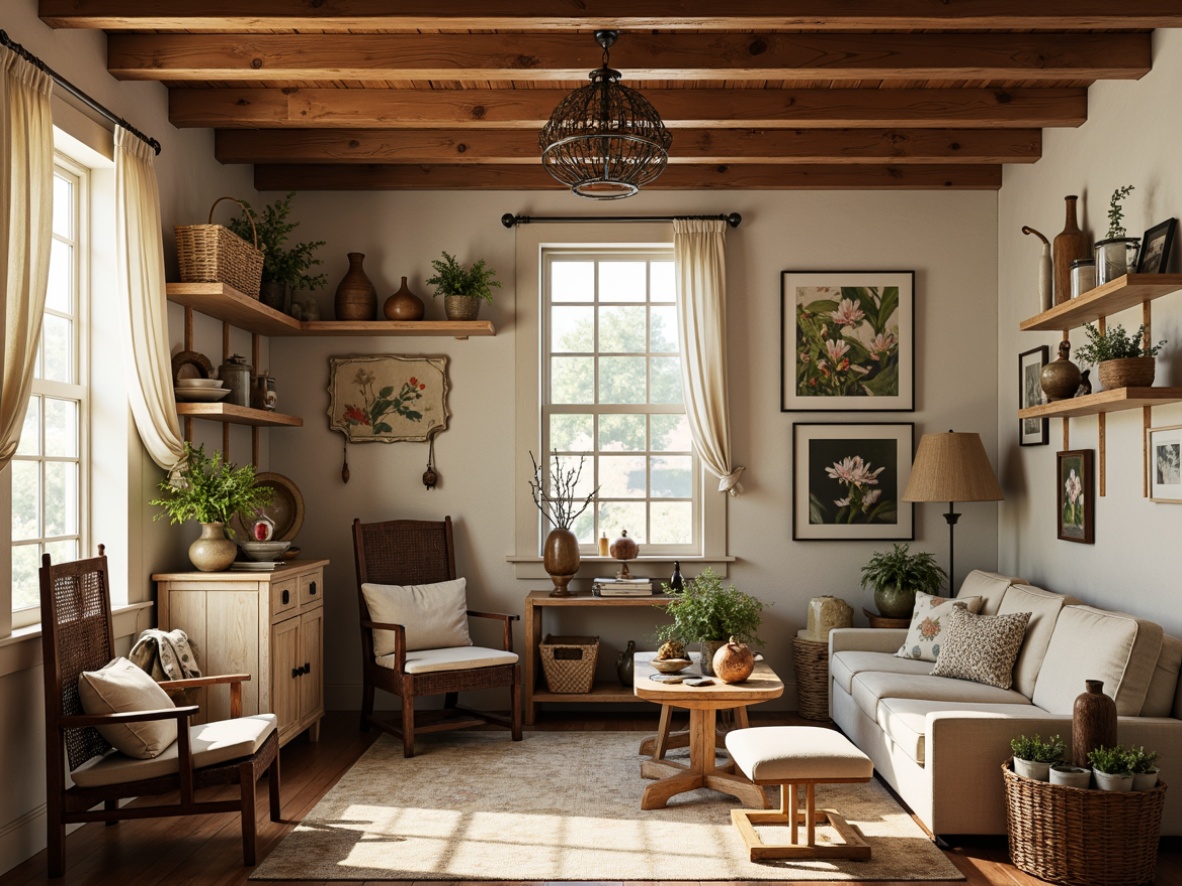 Prompt: Rustic farmhouse, vintage decor, eclectic interior, warm earthy tones, soft creamy whites, rich wood accents, distressed finishes, natural textiles, woven baskets, antique furnishings, ornate metalware, earthy ceramics, botanical prints, faded florals, muted pastels, warm golden lighting, soft shadows, 1/1 composition, realistic textures, ambient occlusion.