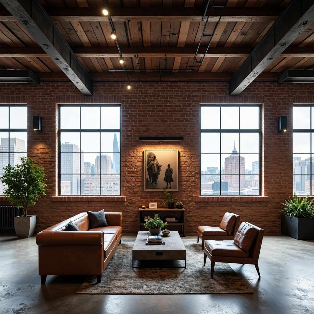 Prompt: Exposed brick walls, metal beams, reclaimed wood accents, polished concrete floors, industrial-style lighting fixtures, metallic color schemes, distressed leather furniture, minimalist decor, urban landscape views, city skyline backdrops, modern amenities, luxury textiles, sleek lines, functional layouts, open-concept spaces, brutalist architecture, raw materials, edgy vibe, dramatic lighting, high ceilings, abstract art pieces, industrial-chic accessories.