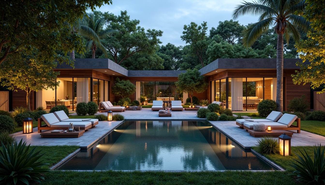 Prompt: Secluded villa, lush greenery, natural stone walls, wooden accents, spacious courtyards, serene water features, infinity pools, outdoor lounge areas, comfortable seating, lantern-style lighting, warm ambient glow, shallow depth of field, 3/4 composition, panoramic view, realistic textures, ambient occlusion.