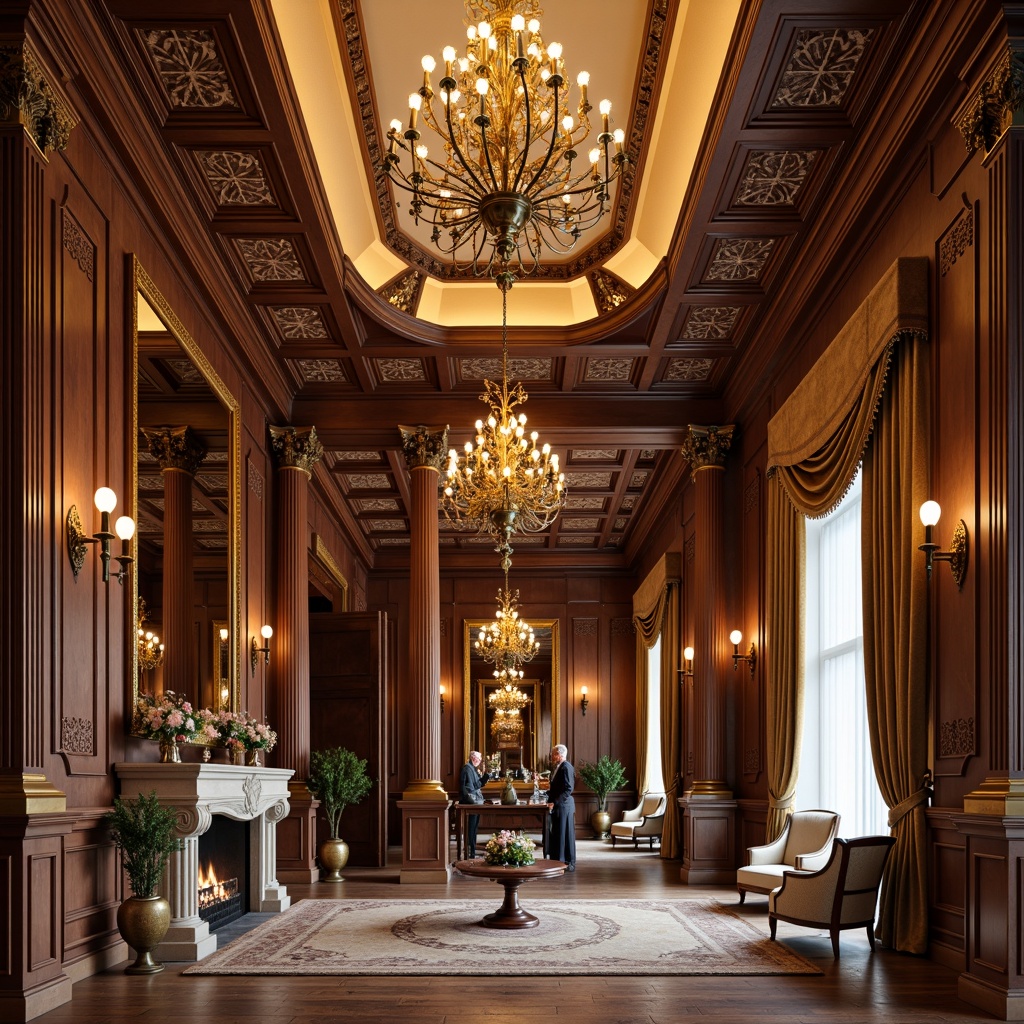 Prompt: Elegant neoclassical interior, ornate molding details, intricate ceiling patterns, grandiose chandeliers, rich wood paneling, luxurious fabrics, velvet drapes, stately columns, carved marble fireplaces, symmetrical compositions, soft warm lighting, subtle shadows, 1/1 composition, realistic textures, ambient occlusion.