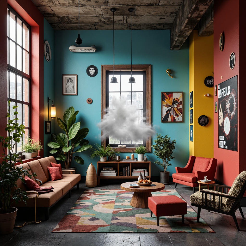 Prompt: Deconstructed postmodern interior, fragmented forms, irregular shapes, bold color blocking, eclectic furniture pieces, mixed materials, distressed textures, abstract artwork, playful typography, irreverent patterns, unconventional layouts, experimental lighting, moody ambiance, atmospheric fog, cinematic composition, 3/4 view, realistic rendering, ambient occlusion.