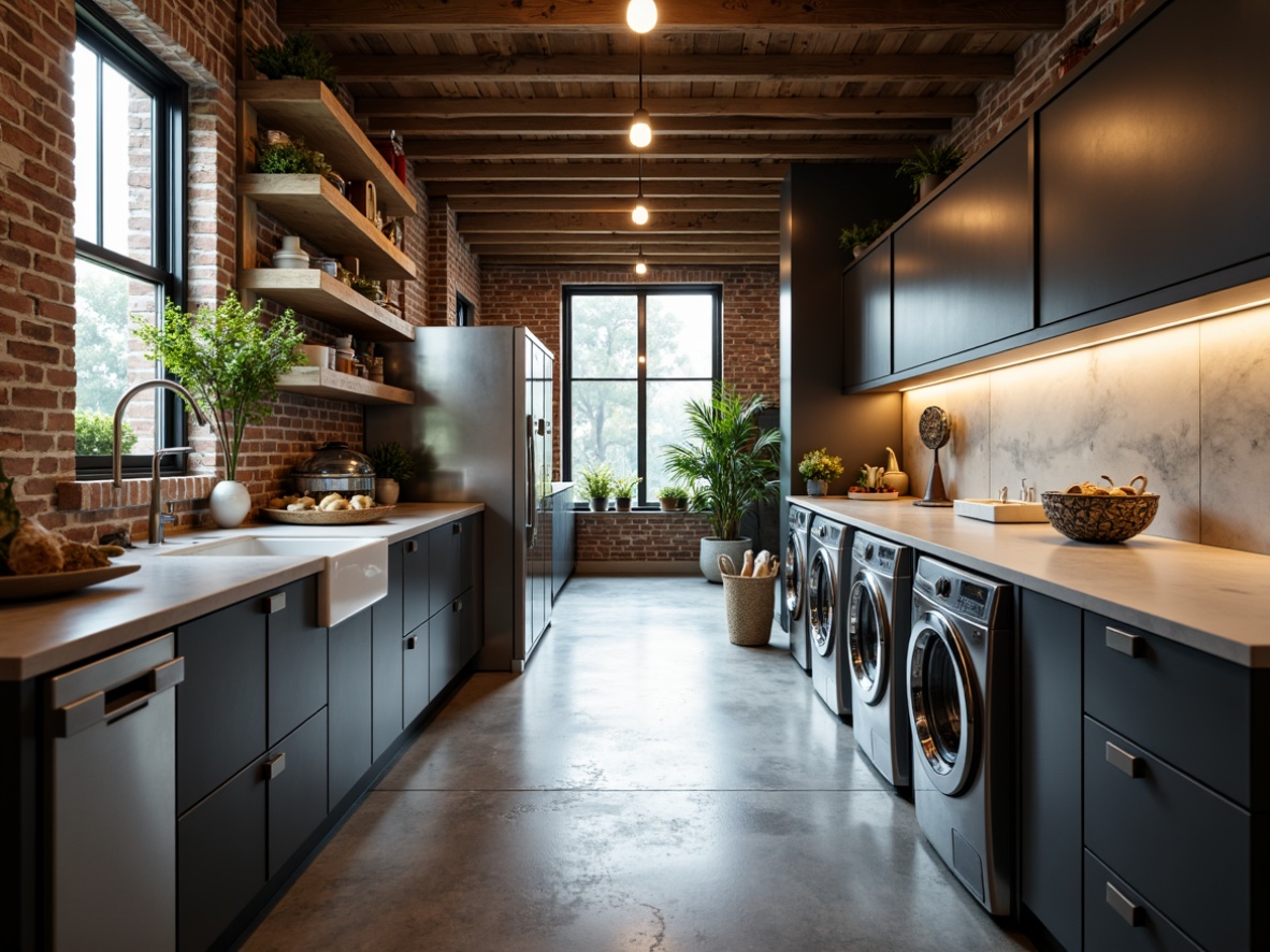 Prompt: Laundry room interior, durable countertops, sleek modern cabinets, stainless steel appliances, industrial-style sink, exposed brick walls, polished concrete floors, natural light, soft warm lighting, shallow depth of field, 3/4 composition, realistic textures, ambient occlusion.