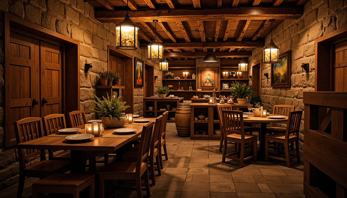 Prompt: Rustic wine cellar, stone walls, wooden barrels, dimly lit ambiance, warm golden lighting, pendant lanterns, candles, metal chandeliers, vintage wine crates, earthy tones, natural textures, rich wood accents, cozy nooks, intimate seating areas, soft focused lighting, 1/2 composition, shallow depth of field, realistic shadows.