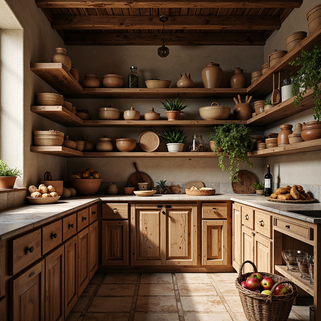 Prompt: Warm Mediterranean pantry, rustic wooden shelves, distressed finishes, vintage ceramic jars, earthy terracotta pots, aromatic spices, fragrant herbs, rich olive oils, artisanal cheeses, crusty breads, sun-dried fruits, colorful woven baskets, natural stone countertops, soft warm lighting, shallow depth of field, 3/4 composition, realistic textures, ambient occlusion.