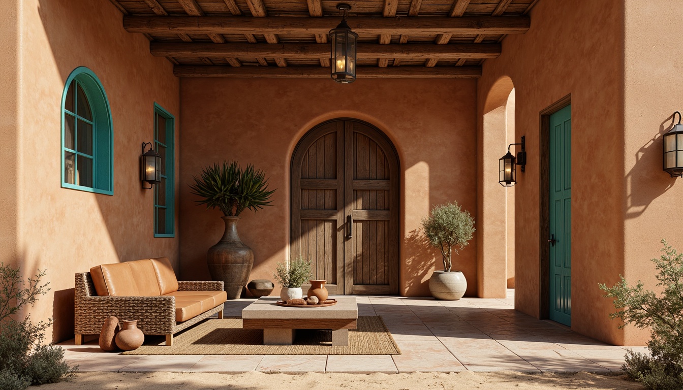 Prompt: Adobe earth-toned stucco walls, rustic wooden doors, ornate metalwork, curved archways, vibrant turquoise accents, geometric patterned tiles, distressed leather furniture, natural fiber textiles, woven basketry, clay pottery, desert flora arrangements, warm sandy backgrounds, dramatic shadowing, low-angled sunlight, shallow depth of field, 1/2 composition, earthy color palette, organic shapes, rustic metal lanterns, wooden beam ceilings, adobe-inspired architecture, Southwestern cultural influences.