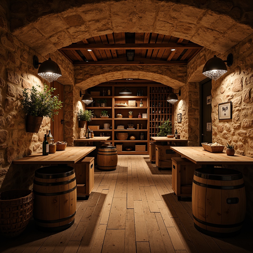 Prompt: Rustic wine cellar, reclaimed wooden planks, earthy stone walls, dim warm lighting, wooden barrel tables, vintage metal lanterns, rustic wooden crates, woven wicker baskets, natural fiber textiles, distressed wood shelving, ornate metal brackets, decorative ironwork, rich leather accents, cozy intimate atmosphere, soft golden glow, shallow depth of field, 1/2 composition, realistic wood textures, ambient occlusion.