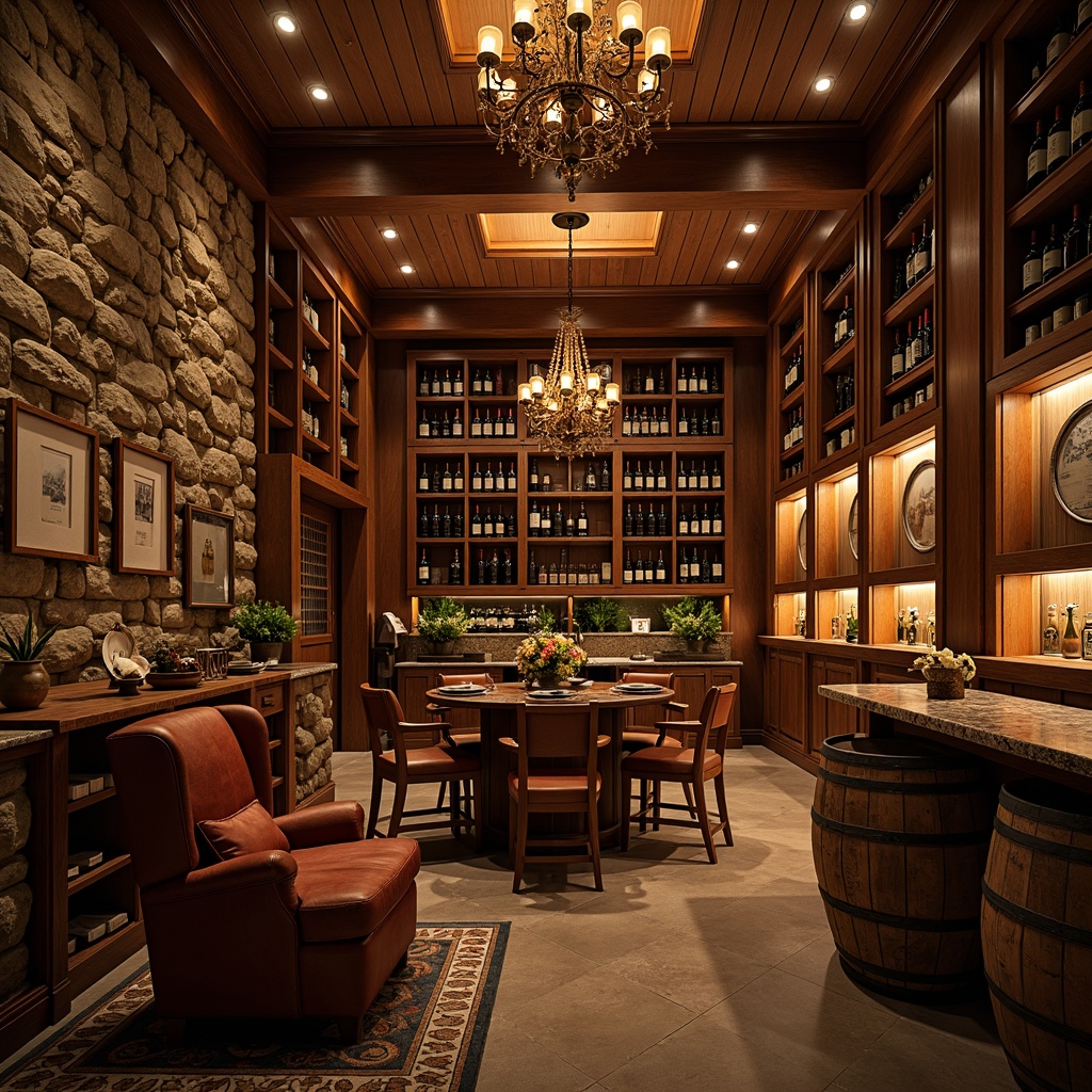 Prompt: Luxurious wine cellar, rich wood tones, stone walls, dimmed lighting, elegant chandeliers, temperature-controlled environment, bespoke wooden wine racks, leather-upholstered armchairs, granite countertops, ornate metalwork, rustic barrels, vintage wine bottles, soft warm ambiance, low-key illumination, 1/1 composition, shallow depth of field, realistic textures.