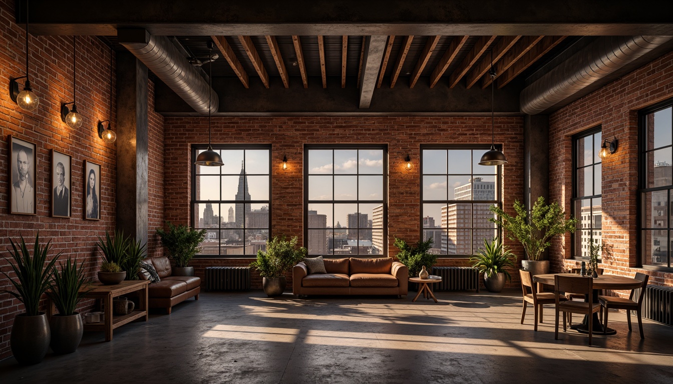 Prompt: Exposed brick walls, industrial chic decor, metal beams, reclaimed wood accents, dimmable LED lighting, warm color temperature, atmospheric shadows, rustic metal fixtures, Edison bulbs, pendant lamps, concrete floors, urban loft setting, high ceilings, large windows, cityscape views, dramatic nighttime illumination, softbox lighting, 1/1 composition, realistic reflections, ambient occlusion.