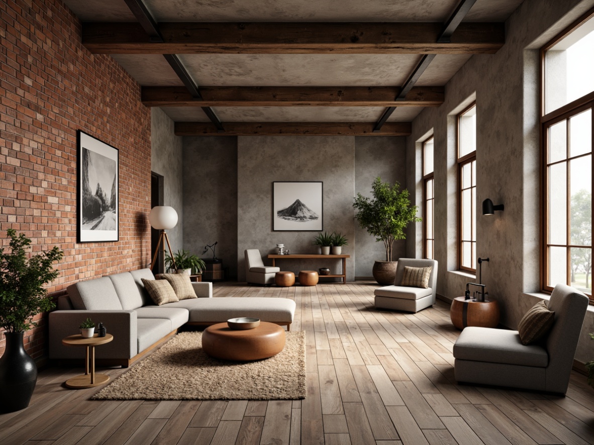 Prompt: Exposed brick walls, reclaimed wood flooring, industrial metal beams, distressed concrete ceilings, minimalist decor, monochromatic color scheme, natural textures, earthy tones, organic shapes, modern rustic vibe, cozy atmospheric lighting, soft shadows, 3/4 composition, realistic renderings, ambient occlusion.