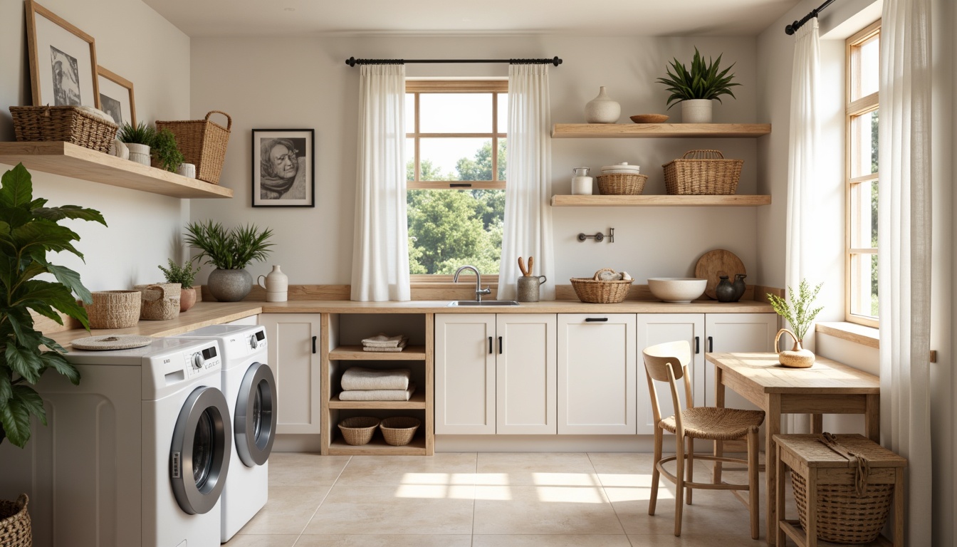 Prompt: Cozy laundry room, warm lighting, soft pastel colors, calming atmosphere, gentle curves, minimalist decor, sleek appliances, natural wood accents, creamy whites, soothing blues, muted greens, earthy tones, soft peach hues, vintage metal signs, woven baskets, rustic shelves, modern simplicity, ample storage, functional layout, bright task lighting, warm beige flooring.