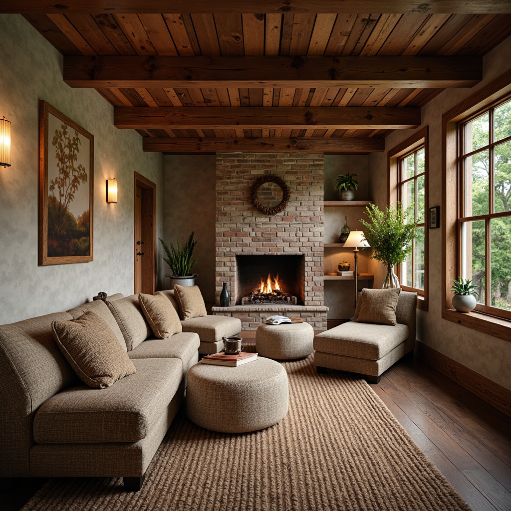 Prompt: Rustic interior, wooden accents, natural stone walls, earthy color palette, reclaimed wood floors, vintage metal fixtures, exposed brick ceilings, wooden beams, cozy fireplaces, plush furnishings, woven textiles, nature-inspired patterns, soft warm lighting, shallow depth of field, 3/4 composition, realistic textures, ambient occlusion.