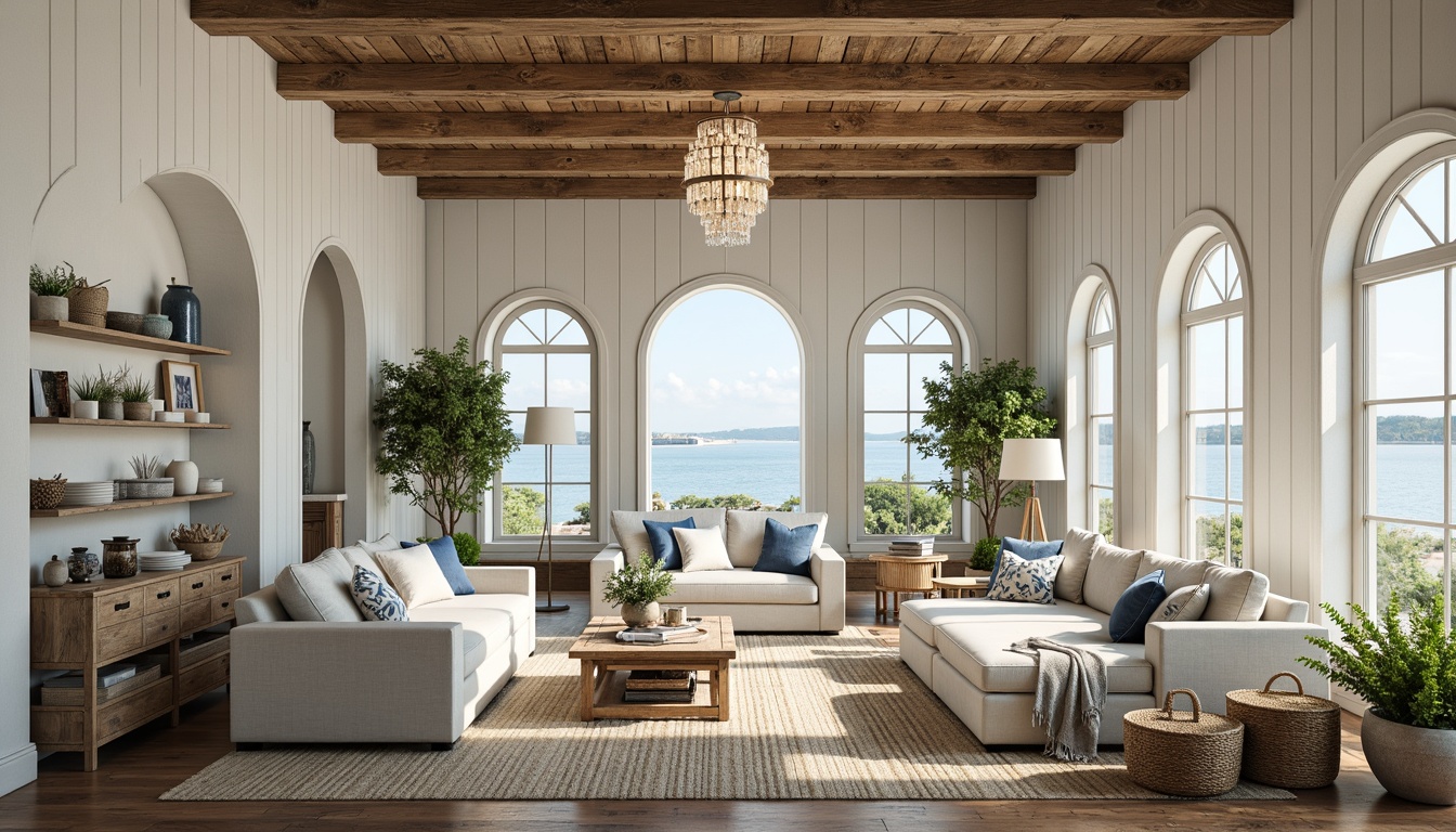 Prompt: Weathered wood accents, driftwood furniture, sea-salt scrubbed floors, distressed linen upholstery, ocean-inspired color palette, soft blue hues, crisp white trim, natural jute rugs, woven seagrass baskets, coral-patterned textiles, glass-beaded chandeliers, beachy keystone archways, shiplap wall cladding, reclaimed wood ceiling planks, nautical-themed decor, porthole windows, warm golden lighting, shallow depth of field, 1/1 composition, intimate atmosphere, realistic textures, ambient occlusion.