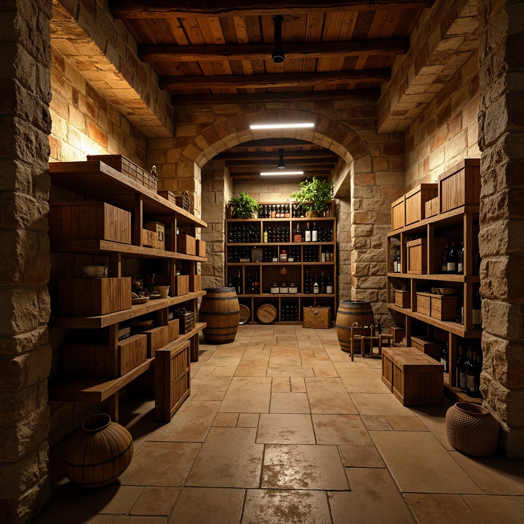 Prompt: Rustic wine cellar, wooden crates, vintage barrels, distressed wood shelves, metal wine racks, stone walls, earthy tones, warm ambient lighting, dimly lit atmosphere, aged brick archways, wooden ladder, natural fiber textiles, woven baskets, earthy scent, soft focus, shallow depth of field, 2/3 composition, realistic textures, ambient occlusion.