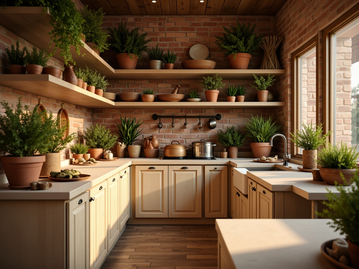 Prompt: Cozy pantry, warm beige cabinets, soft golden lighting, rich wood textures, vintage metal hardware, earthy terracotta pots, lush greenery, fresh herbs, rustic brick walls, creamy white countertops, warm copper accents, inviting aromas, shallow depth of field, 1/1 composition, realistic renderings, ambient occlusion.