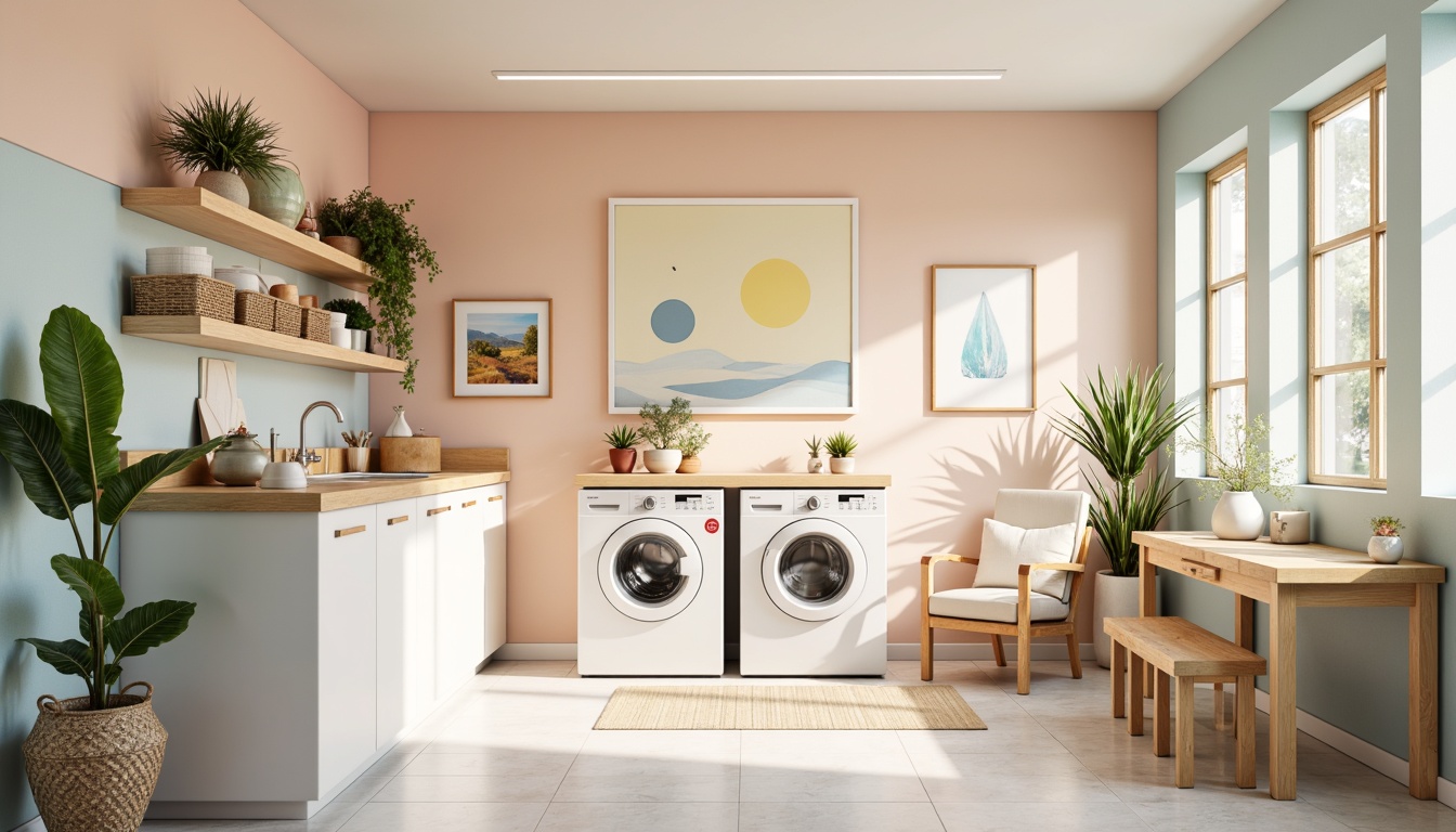 Prompt: Vibrant laundry room, pastel colors, soft peach tones, creamy whites, calming blues, gentle yellows, warm beige accents, natural wood textures, modern appliances, sleek metal fixtures, minimalist decor, abundant natural light, airy atmosphere, 1/1 composition, realistic rendering, soft focus, ambient occlusion.