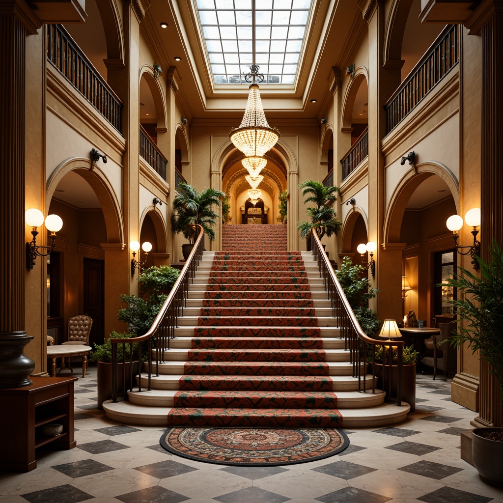 Prompt: Grand staircase, ornate railings, lavish chandeliers, marble floors, imposing pillars, dramatic archways, vibrant color palette, bold geometric patterns, eclectic furniture, plush carpets, opulent materials, warm golden lighting, shallow depth of field, 1/2 composition, low-angle shot, cinematic atmosphere, realistic textures, ambient occlusion.