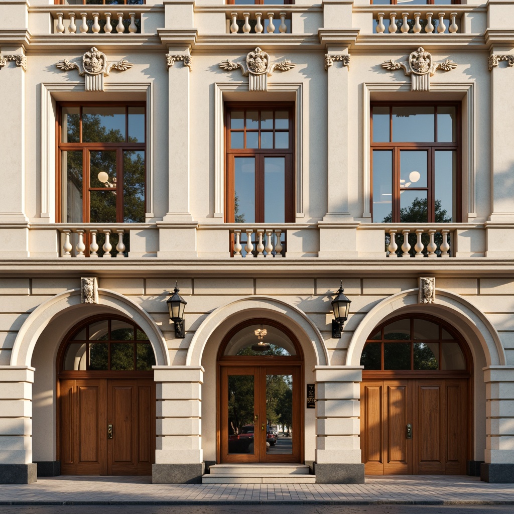 Prompt: Elegant bank facade, ornate stone carvings, grand entrance archways, symmetrical window arrangements, rectangular windows with divided lites, wooden shutters, cream-colored stucco walls, rusticated base, subtle cornice details, classic columns, rounded arches, bronze door handles, polished granite flooring, soft warm lighting, shallow depth of field, 2/3 composition, realistic textures, ambient occlusion.