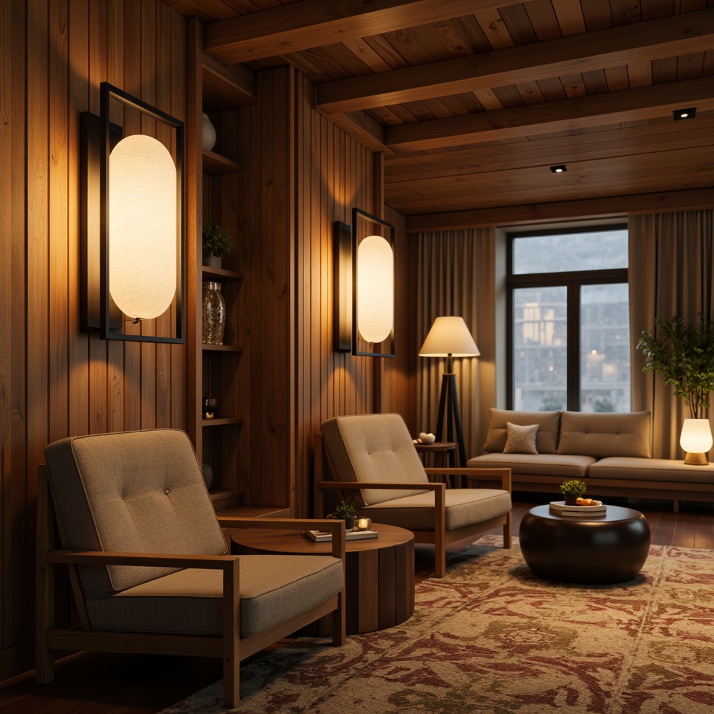 Prompt: Mid-century modern interior, warm ambient lighting, sleek metal sconces, rounded globe pendants, linen shades, walnut wood accents, minimalist ceiling fixtures, retro-inspired table lamps, geometric patterned textiles, natural fiber rugs, earthy color palette, soft warm glow, 1/1 composition, shallow depth of field, realistic textures, ambient occlusion.